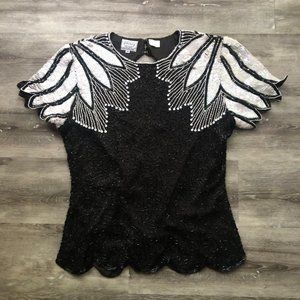 Vintage Stenay Black & White Silk Beaded and Sequin Blouse Size 14